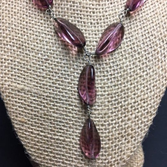 Y Drop Necklace Purple Organic Chunky Translucent Silver Chain Retro Boho Soft - Picture 2 of 7